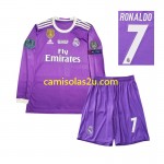 Camisolas de futebol Real Madrid Cristiano Ronaldo 7 2016 Retro Criança Equipamento Alternativa Manga Comprida